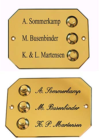 3er-Klingelschild-Klingel-Türschild-Schild-Türklingel-120 x 90 mm-Messing poliert mit Schutzlack-Namensschild Ohne, oder mit Gravur (Klingeln links mit 3 Zeilen Gravur)
