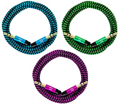i! - 3X 0,2m 20cm Premium Nylon AUX Audiokabel Klinke 3,5 auf Klinke 3,5 - blau + grün + pink