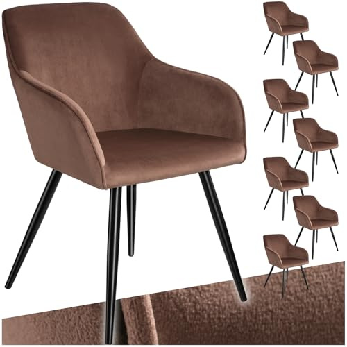 tectake® 8er Set Esszimmer Stuhl, Esszimmerstühle mit Sitzfläche aus Samt, Armlehnstuhl, Sessel Wohnzimmer, gepolsterter Bürostuhl, Schminktisch Stuhl, gemütlicher Küchenstuhl - braun/schwarz