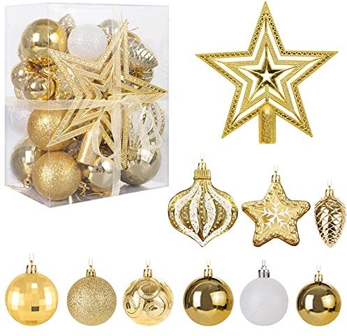 MTSCE 34 Pezzi Palline di Natale Bianche e Oro, Palline Albero di Natale Decorazioni Natalizie per L'albero di Natale, Brillanti, Opache, Lucide Natale Decorazioni Casa