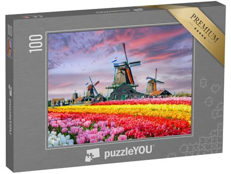 puzzleYOU: Puzzle 100 Teile „Landschaft mit Tulpen und traditionellen holländischen Windmühlen, Niederlande“ – aus der Puzzle-Kollektion Holland