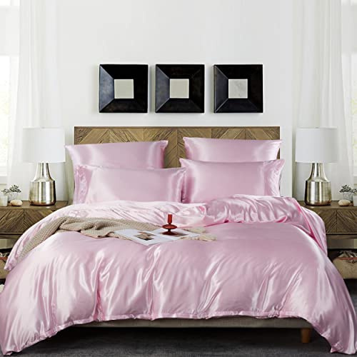 Damier Bettwäsche 200x200cm Rosa Satin Glänzend Bettwäsche Set 3 Teilig Hotelqualität Satin Deckenbezug Bettbezug mit Reißverschluss und 2 Kissenbezüge 80 × 80 cm