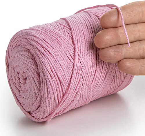 MeriWoolArt® Makramee Garn 2 mm x 250 m Baumwollkordel, recyceltes weiches Baumwollgarn für das Stricken von Pflanzenhängern, Schmuckherstellung, Häkeltaschen (Hellpink, 2mm)