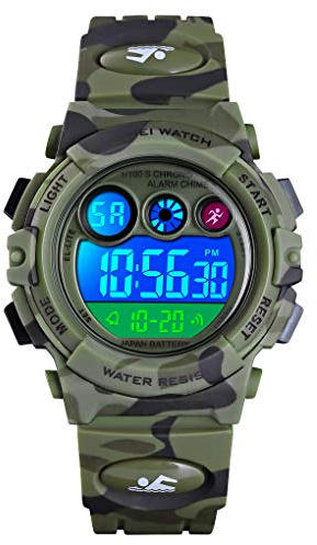 FIZILI Kids Watch Digital Sport Waterproof Boys Girls Watch Outdoor 12/24 H Alarm Backlight Stopwatch Military Child Wristwatch for 3-15 Year Old Green Camo