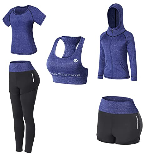 Set di vestiti da allenamento da donna 5 pezzi Set di abiti da ginnastica, Navy Blue, X-Large