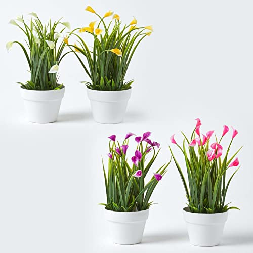 Homescapes 4er-Set künstliche Calla-Lilien im Topf – weiß, gelb, rosa & lila – je 25 cm groß, Kunstblumen wie echt