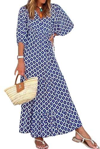 miduo Robe Longue d'été Ample décontractée avec col en V et Manches mi-Longues, Motif géométrique bohème, pour Femme, A Bleu 06, Taille S