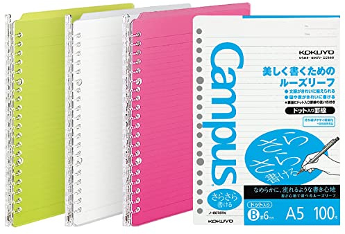 KOKUYO Campus Smart Ring Binder, Up to 25 Sheets, A5, 20 Holes, 3 Deep Colors & 100 Sheets Papers Set, Pink,Yellow