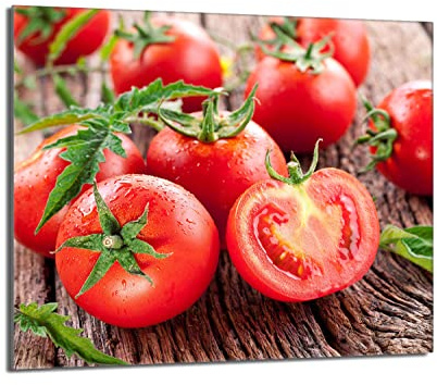 Herdabdeckplatte 60x52 cm Einteilig Glas für Elektroherd und Induktion, Herdschutz Spritzschutz Glasplatte Deko Schneidebrett, Tomaten Rot