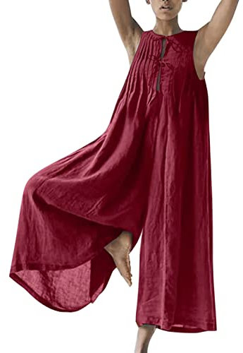 Jumpsuit Damen Vintage Einfarbig Latzhose Arbeitshose Lässiger Overall Jumpsuits Rundhals Kurzarm Baggy Breites Bein Einteiliger Hose Strampler Arbeitslatzhose Latzhosen Romper(F Rot,XL)