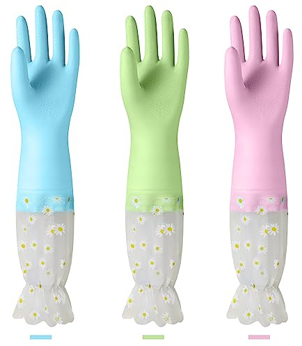 KAQ Dishwashing Cleaning Gloves 3 Pairs-Reusable Cotton Liner Rubber Gloves Long cuff 19.5 Non-Slip Kitchen Gardening Gloves