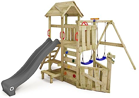WICKEY Spielturm Klettergerüst GalleyFlyer mit Schaukel & Wellenrutsche, Garten Kletterturm für Kinder mit Sandkasten, Kletterleiter & Spiel-Zubehör – anthrazit
