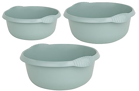 M1SS Silver Sage - 3 Piece Multi-Functional Round Plastic Bowl Set Washing Up Bowls with Integral Handles for Sink Basin Kitchen Counter Top (28cm, 32cm & 36cm Bowls)