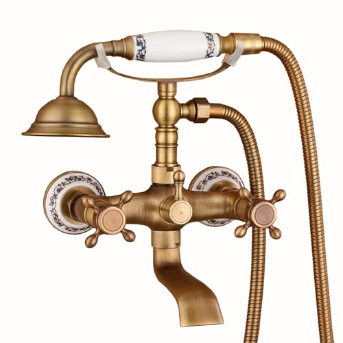 BiaoTeng Rubinetto Vasca Da Bagno Con Doccetta Retro antico 2 funzioni Caldo o freddo Rubinetto A Parete Per Doccia Set ottone, A