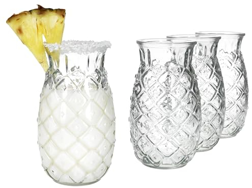 MamboCat Lot de 4 verres à ananas Pina - 400 ml - Hauteur : 14,8 cm - Pour 4 personnes - Verre à cocktail transparent avec relief ananas - Verres de fête en été - Verres à jus de fruits - Verre à eau