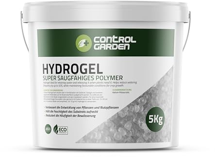 GROWMANIA.ES Control Garden Hydrogel vattenhållare för växter och grödor 5 kg | fast vatten för inomhus- och utomhusbruk | superabsorberande polymer regnskydd upp till 1 500 l