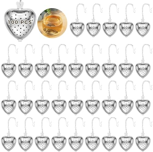 100 PCS Tea Strainers, Stainless Steel Tea Ball Filters, Loose Leaf Tea Steeper Infusers, Tea Interval Diffuser Heart-Shaped Mesh Tea Filters with Extended Chain Hook
