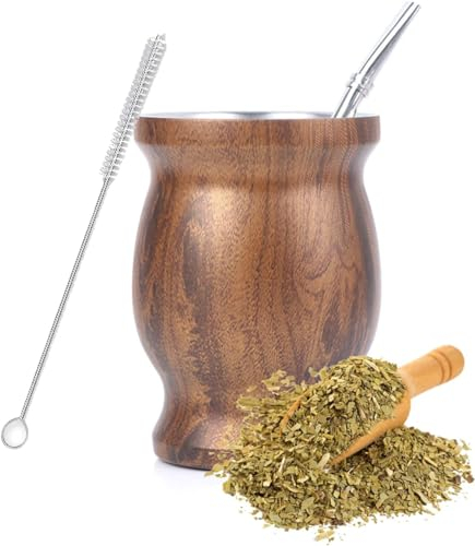 SZKKQKJ Tazza Mate, set da tè Mate, set tazze da tè Mate, con cannuccia e spazzola per la pulizia, per tè Mate, legno