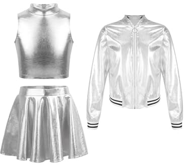 Fldy Mädchen Glitzer Outfit Pailletten Metallic Bomberjacke Crop Top Und Skater Rock Kinder Disco Jazz Tanz Party Festival Bekleidungsset Silber 146-152