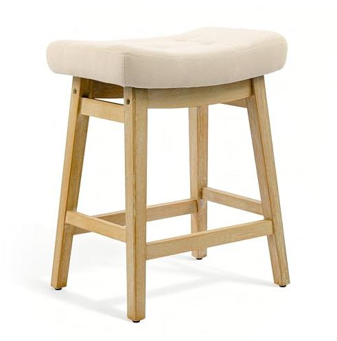 RNKSFX Counter Height Bar Stool for Kitchen Counter Modern Backless Island Barstool with Upholstered Fabric Seat and Solid Wood Leg Farmhouse 24 inch Bar Chair, Khaki + Wood Color, 1pc