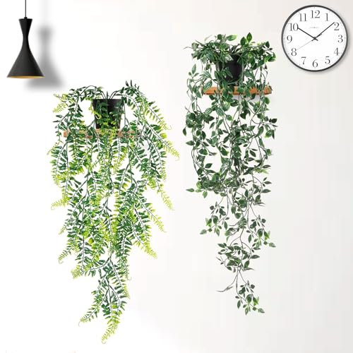N&T NIETING Artificial Hanging Plants, 2 Pack Fake Hanging Plants with Pots Fake Ivy Vine Greenery Faux Trailing Plant for Home Decoration Garden Office Wall Table Shelf Indoor Outdoor