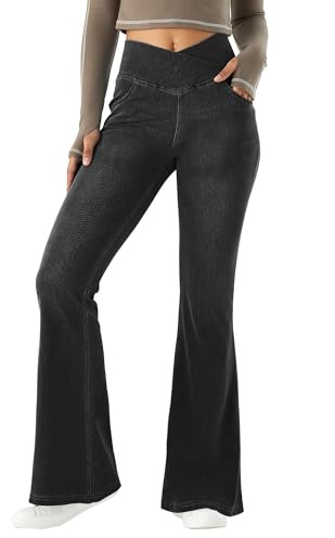 LaiEr Jeans de Mujer de Cintura Alta en v, Corte de Botas Estampado en Denim y Forma de Trompeta con Bolsa Lateral Son adecuados para el Entrenamiento de Fitness y el Ocio de Yoga.Negro,S