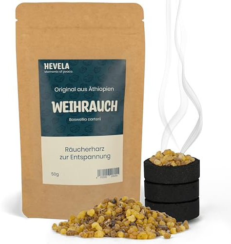 Hevela - Weihrauch zum Räuchern Set - [100% naturrein] - 50g inkl. 3 Räucherkohle - Premiumqualität aus Äthiopien - Räucherwerk zur Entspannung - aromatischer Duft - Weihrauch (Frankincense/Incense)