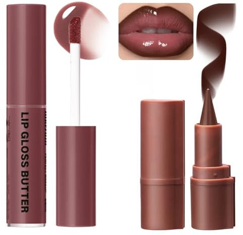 Dark Brown Lip Liner & Gloss Set - Plumping Stain with Moisturizing Butter Gloss - High Shine Matte Kit - Long-Lasting Waterproof Care