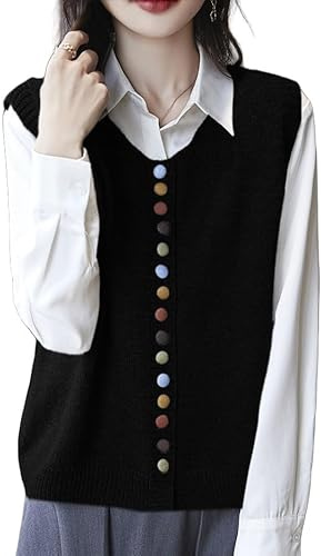 LIUYUYOUGO Women's Knitted Sleeveless Cardigan Crew Neck Jumpers Chic Colorful Buttons Up Knitted Vest Trendy Open Front Cardigan Sweater Knit Waistcoat Top for Ladies Black M