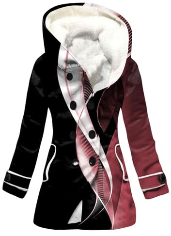FUPODD Wintermantel Damen Lang Daunenmantel Aufdruck Mantel Winterjacke Warm Gefüttert Übergangsjacke Fleecejacke Mit Kapuze Daunenjacke Dicke Jacke Winter Wollmantel Frauen Mit Taschen Damen-Jacken