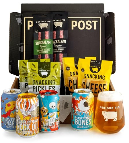 Serious Pig + Beavertown Craft Beer and Snacks Gift Box with Glassware and Tasting Notes (11 Pack)