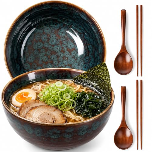 CIGAA Ramen Schüssel Set - 2 x 1200ml Ramen Bowl | Ramenschüssel aus Keramik | Japanische Suppenschüssel mit Essstäbchen und Löffeln | Mikrowelle & Spülmaschinenfest