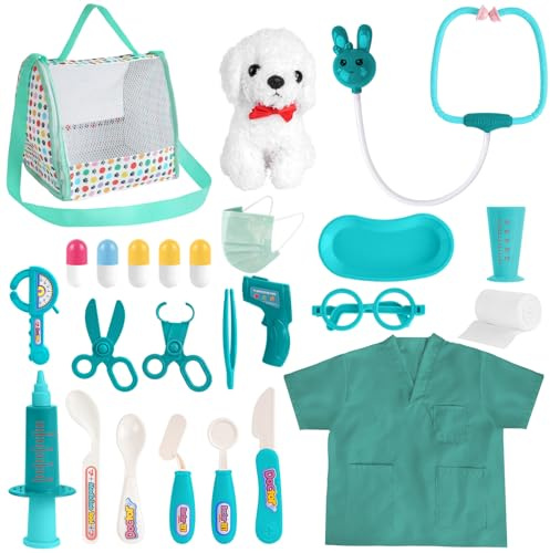 HOTUT Malette Docteur Enfant, 25Pcs Kit de Médecin Jouets Déguisement de Docteur, avec Véritable Stéthoscope, Thermomètre, Blouse de Médecin et Sac de Médecin Portable, pour 3 4 5 Ans, Bleu