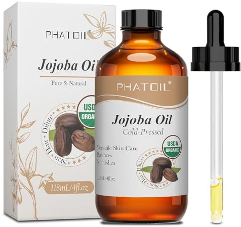 PHATOIL Olio di jojoba biologico spremuto a freddo, 118 ml, olio di jojoba USDA organico, 100% puro naturale, olio di jojoba, senza esano, per pelle, capelli, unghie, idratante, olio per il viso, olio