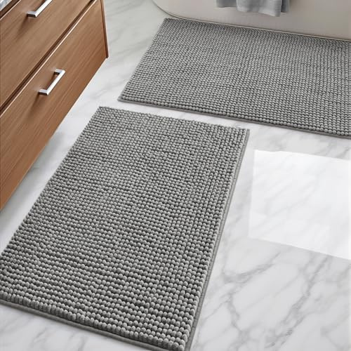 DEXI Badezimmerteppich Set 2 Teilig, weicher Badematte aus Chenille Saugfähig, rutschfest waschbar Badematten & Badteppiche für Dusche, Badezimmer, Waschküche, 60 x 90 cm + 60 x 90 cm, Grau