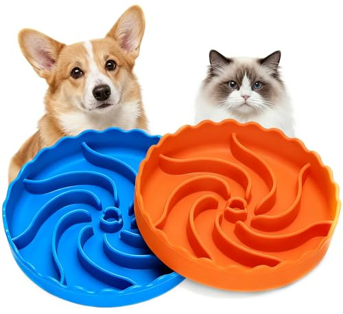 2 Pack Slow Feeder Dog Bowl Silicone Cat Slow Feeder for Anti Choking | Dog Food Bowls to Slow Down Eating, Pet Puppy and Cat Slow Feeder Bowl, Anti-Gulp Slow Feeding Pet Bowls, Blue, Orange