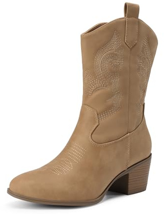 DREAM PAIRS cowboystövlar för kvinnor, cowgirlstövlar i mitten av vaden med broderi, rund tå, västerländsk tjocka lågklackade skor