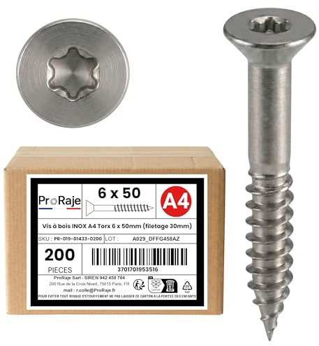 Holzschrauben Edelstahl A4: 6 x 50 mm (Gewinde 30 mm) | Senkkopf TORX (TX) | Edelstahl A4 (V4A / AISI 316) | Konstruktion/Spanplatten/Terrasse usw.: 200 Stück