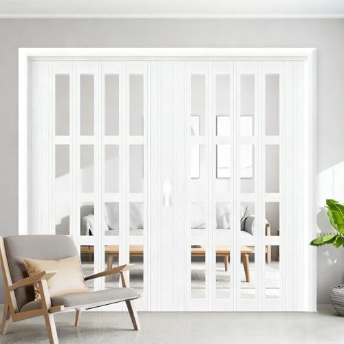 eryssgbf Falttür innentüren Nach Maß, weiße Schiebetür mit Acrylglas, magnetische Falttür für Wohnschrank, moderner Stil mit Türgriffen, Schutz der Privatsphäre WXH:90x195cm
