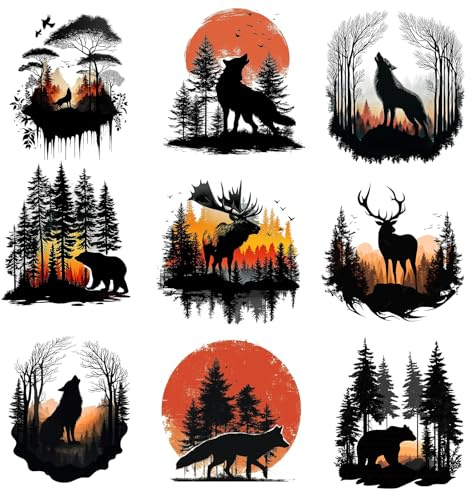 SUPERDANT 9 pegatinas de transferencia de calor con diseño de siluetas de animales del bosque, ciervos, osos, para planchar, para planchar, para ropa, camisetas, apliques de bricolaje