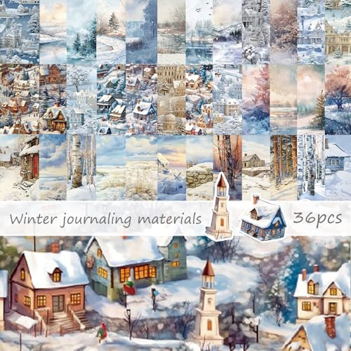 BSITSSS 36 Fogli Carta Scrapbooking Inverno, Paesaggio Innevato Carta Decorativa 15.2 x 15.2cm, 36 Design Baita Neve Foresta Decoupage Carta Origami per Album Scrapbook Diario