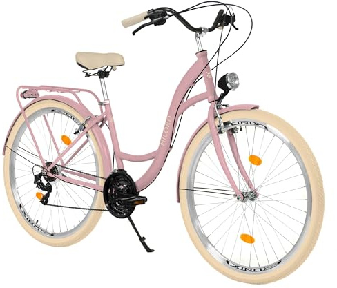 MILORD Damenfahrrad Citybike Komfort Hollandrad Vintage Fahrrad, 26, 28 Zoll, 21-Gang (Rosa-Creme, 28 Zoll)