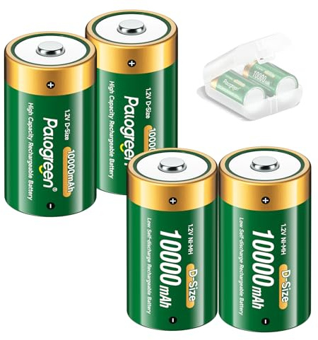 Palogreen 10000mAh Mono D Battery - 4 Pieces 1.2V NIMH LR20 Rechargeable D Cells Rechargeable High Capacity Type D Battery Without Memory Effect With Low Self-discharge