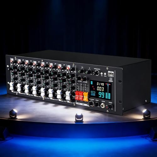 Mezclador estéreo profesional de 9 canales, mezclador de audio para montaje en rack, 99 efectos DSP integrados, alimentación fantasma de 48 V, entrada MP3/USB, Bluetooth, para radiodifusión y estudios