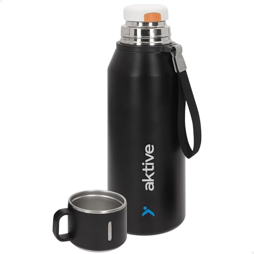 AKTIVE Botella térmica acero inoxidable, 1,2L, Negro, Mide 9,5x9,5x28 cm, Tapón hermético antifugas, Incluye taza, Asa tipo correa, Libre BPA, Base antideslizante, Botellas termo (63136)
