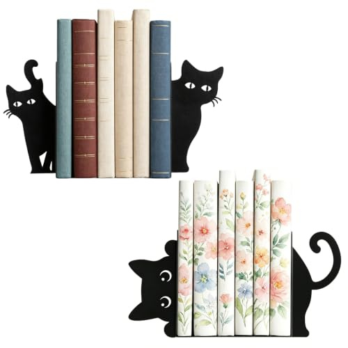 Set di fermalibri metallici Taurion 2 pezzi: fermalibri bianchi e grigi con gatti, fermalibri decorativi, fermalibri per scaffali, per decorare la scrivania a casa e in ufficio
