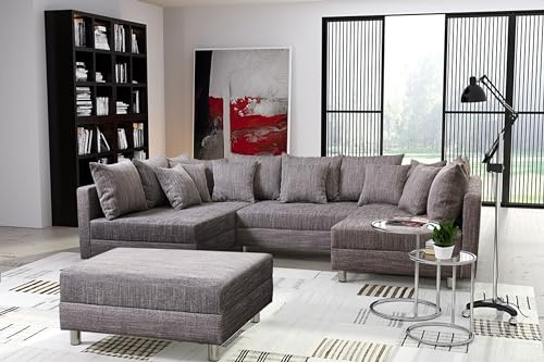 Kuechen-preisbombe Wohnlandschaft Sofa Couch Ecksofa Eckcouch in Gewebestoff hellgrau Minsk XXL