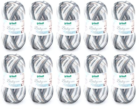 Gründl Wolle Baby color Babywolle 10 Knäuel 50 g, anthrazit- weiß | Babywolle zum Häkeln und Stricken mit Farbverlauf - 70 % Polyacryl, 30 % Polyamid - 50 g / 150 m - Nadelstärke 3,5 -4,5