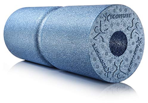 BODYMATE Faszienrolle CARE Mittel-Hart mit umlaufender Rille zu Wirbelsäulen-Entlastung mit E-Book - Cool-Grey-Blue 35x14cm