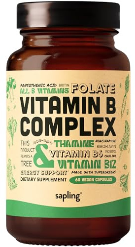 sapling Vegan Vitamin B Complex - Whole Food Blend with Essential B Vitamins B1, B2, B3, B5, B6, B7, Folate, B12-60 Caps